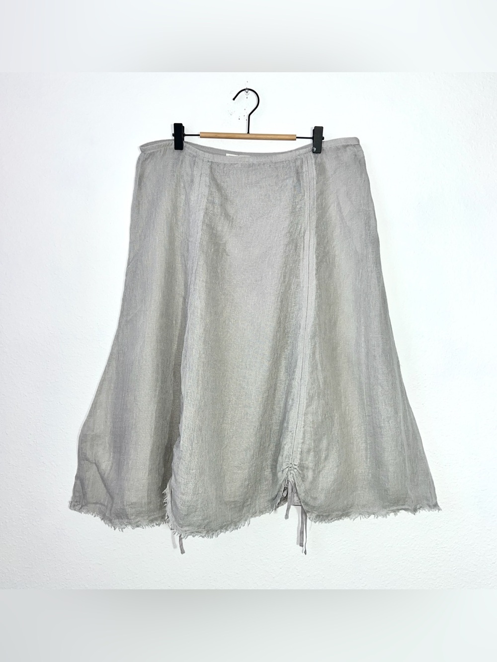 Eileen Fisher Linen Skirt Medium Grey Raw Hem Ruched Drawstring Midi A-Line